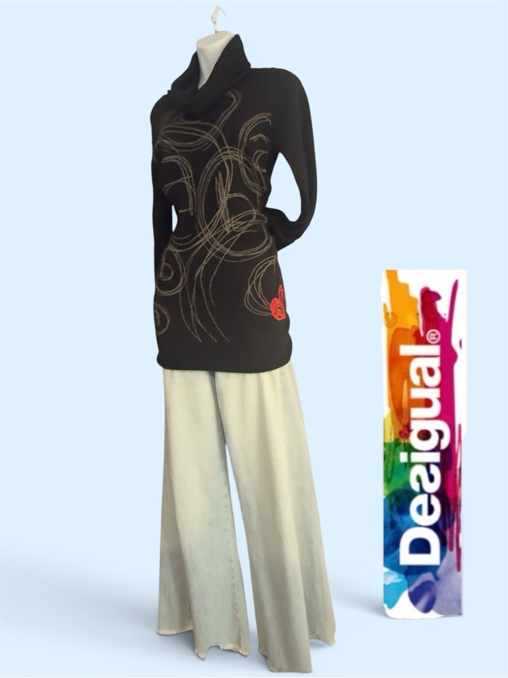 Vintage Desigual Black long Sweater / Dress with Cream Swirl and Red Heart